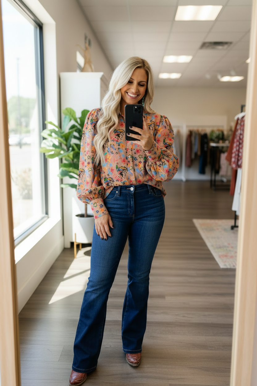 Yeehaw Rodeo Western Button-Up Top – Colorful Bronc & Floral Print Blouse | Women’s Boutique Shirt