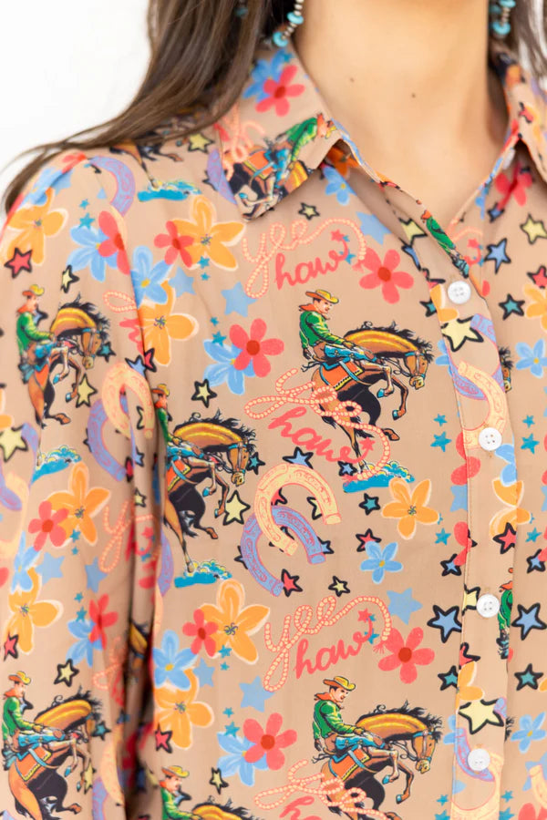 Yeehaw Rodeo Western Button-Up Top – Colorful Bronc & Floral Print Blouse | Women’s Boutique Shirt