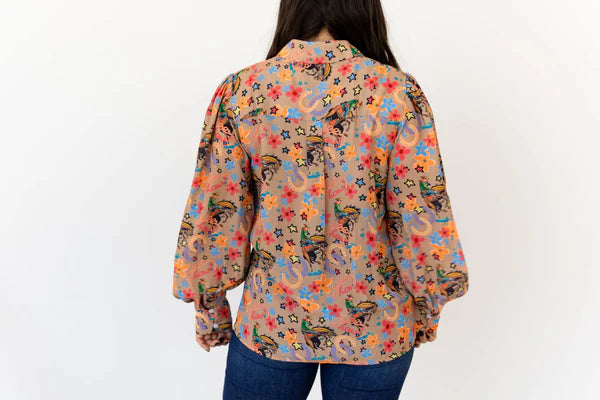 Yeehaw Rodeo Western Button-Up Top – Colorful Bronc & Floral Print Blouse | Women’s Boutique Shirt