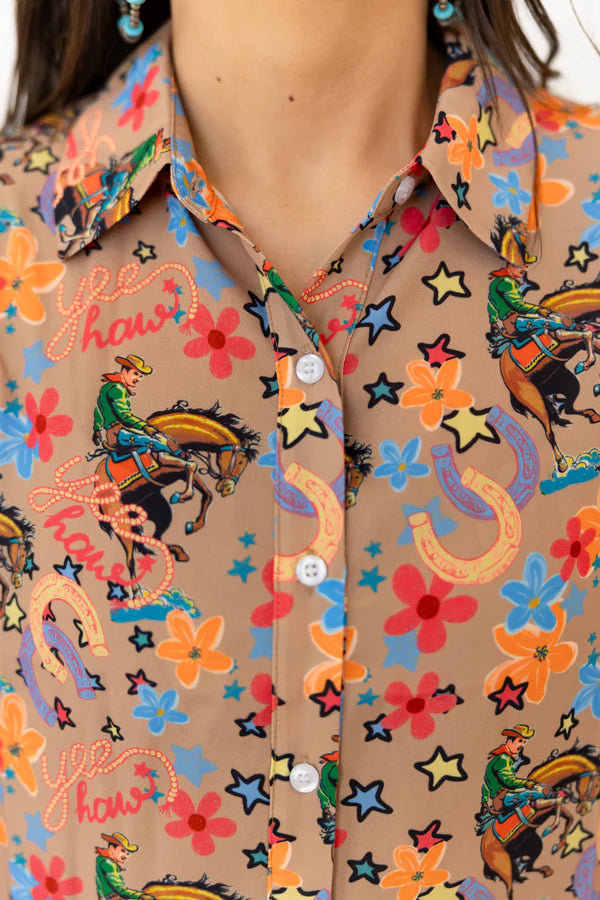 Yeehaw Rodeo Western Button-Up Top â Colorful Bronc & Floral Print Blouse | Womenâs Boutique Shirt