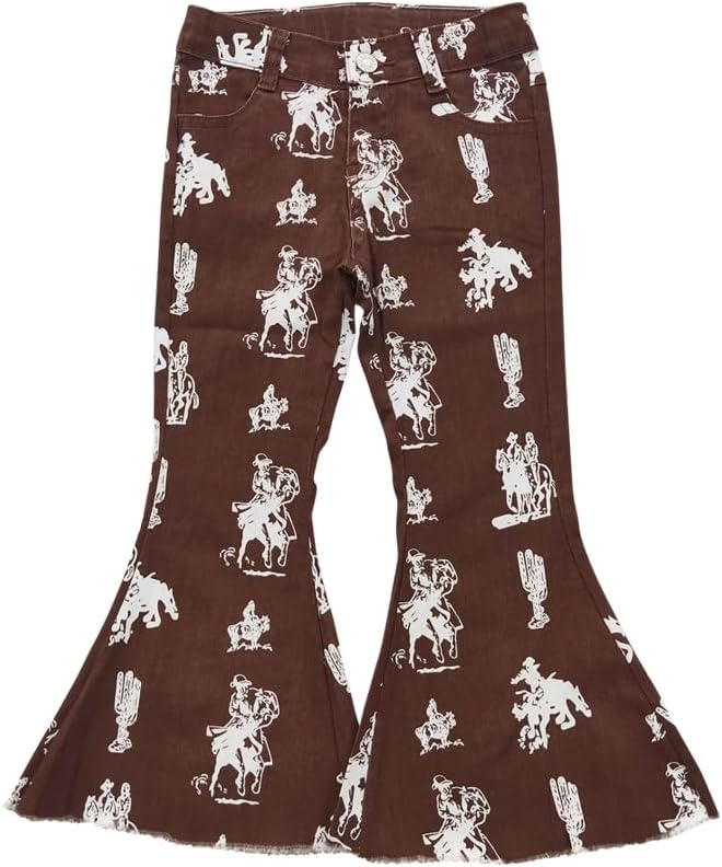 Girls' Vintage Cowboy Print Bell Bottom Jeans | Retro Western Flare Pants