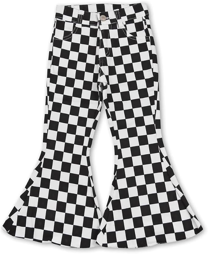 Girls Checkerboard Bell Bottom Jeans, Black White Denim Flare Pants, Boutique Western Jeans