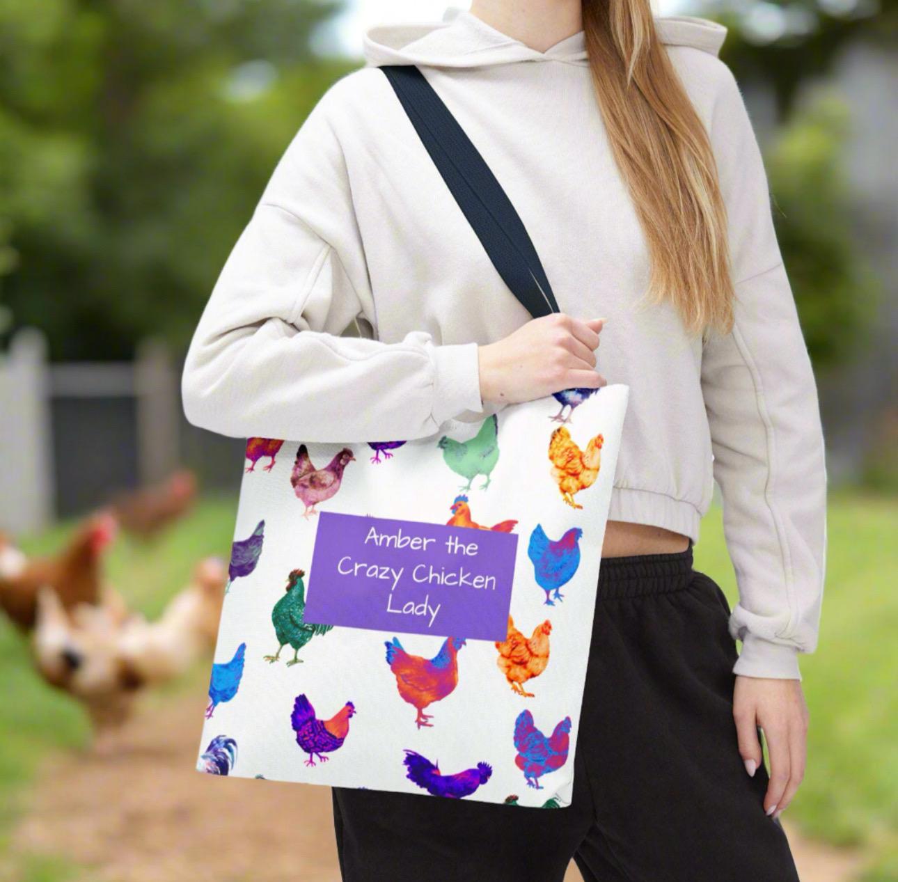 Personalized CRAZY CHICKEN LADY Tote Bag, , Custom Name Gift for Chicken Lovers,