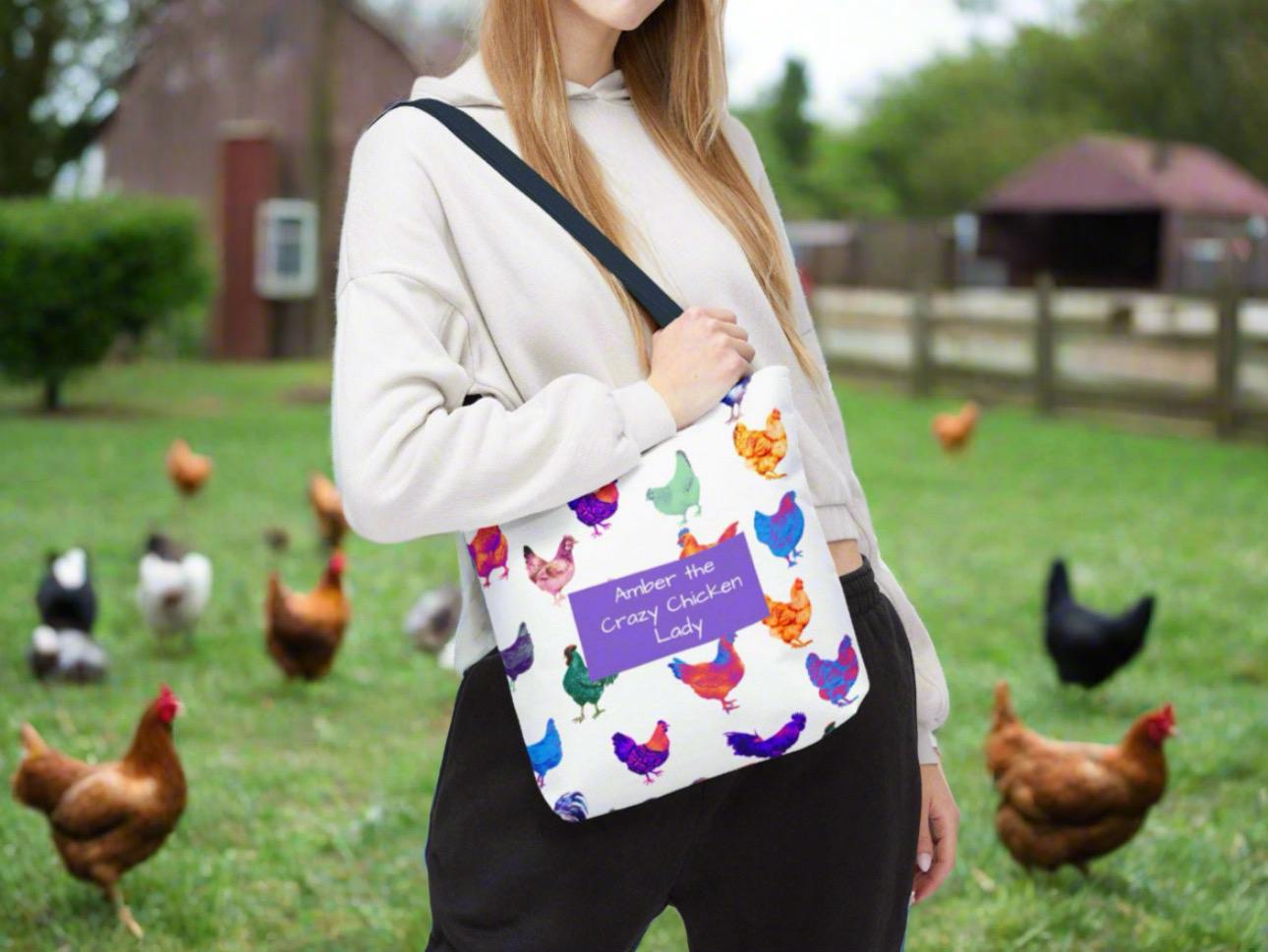 Personalized CRAZY CHICKEN LADY Tote Bag, , Custom Name Gift for Chicken Lovers,