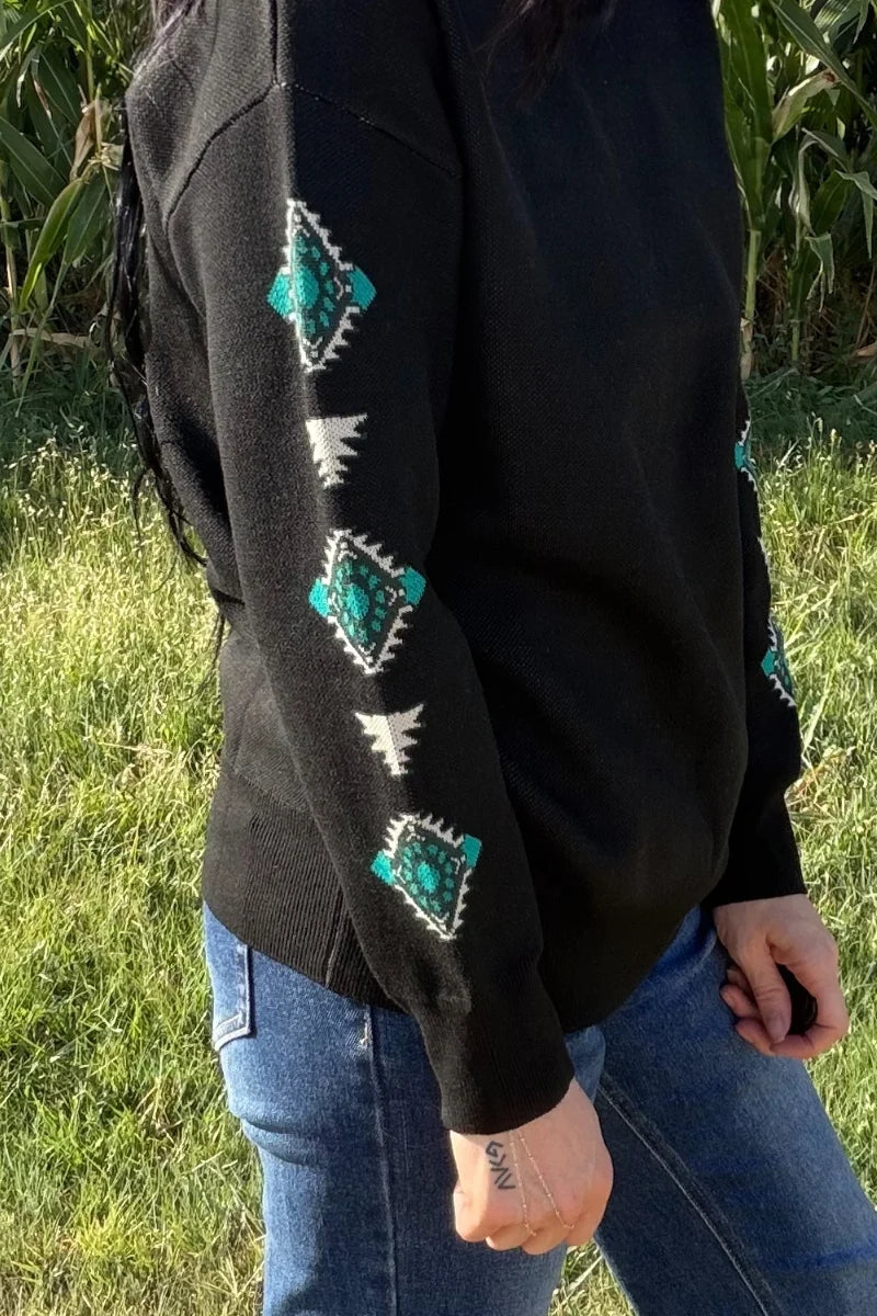 Women’s Black Western Sweater with Turquoise Concho Sleeves