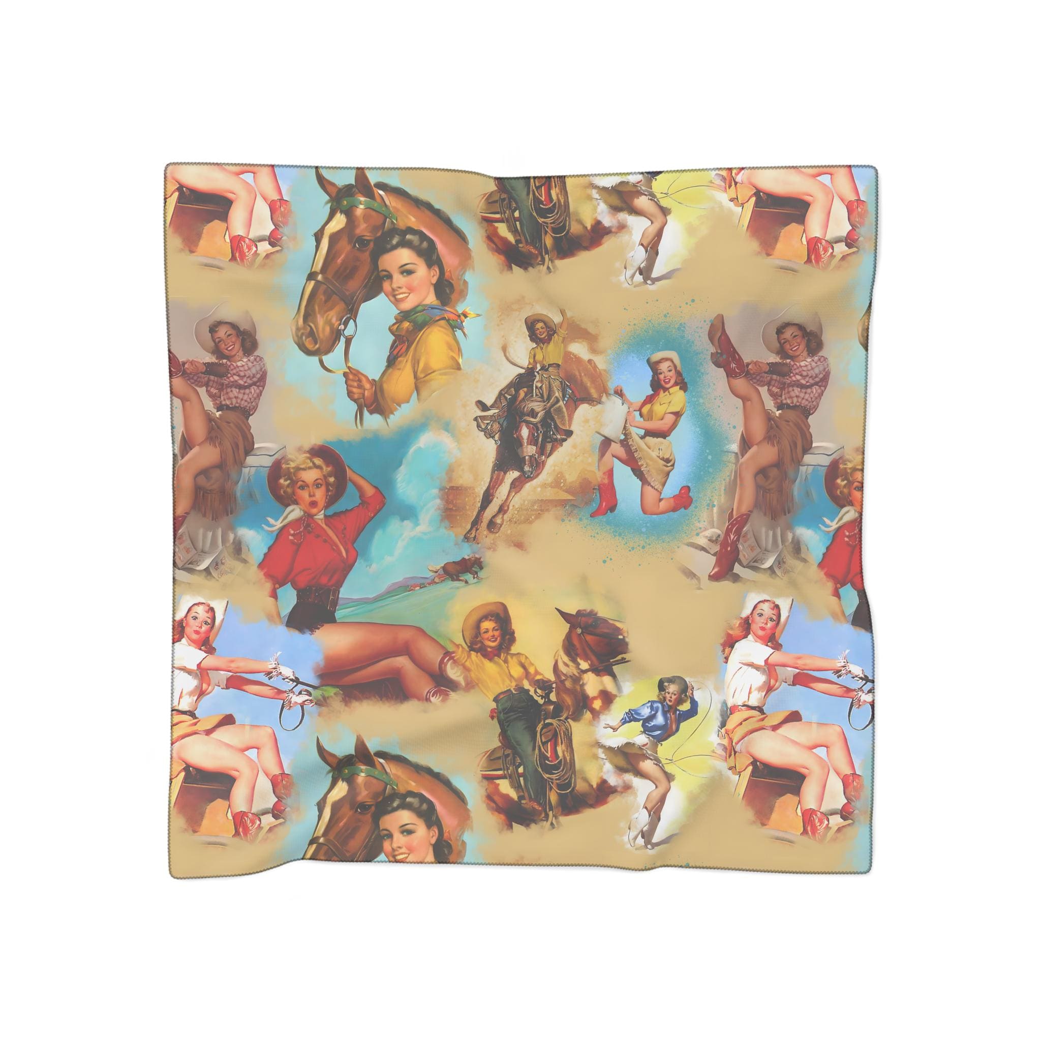 SILKY SCARF with vintage-style cowboy and cowgirl illustrations on a white background
