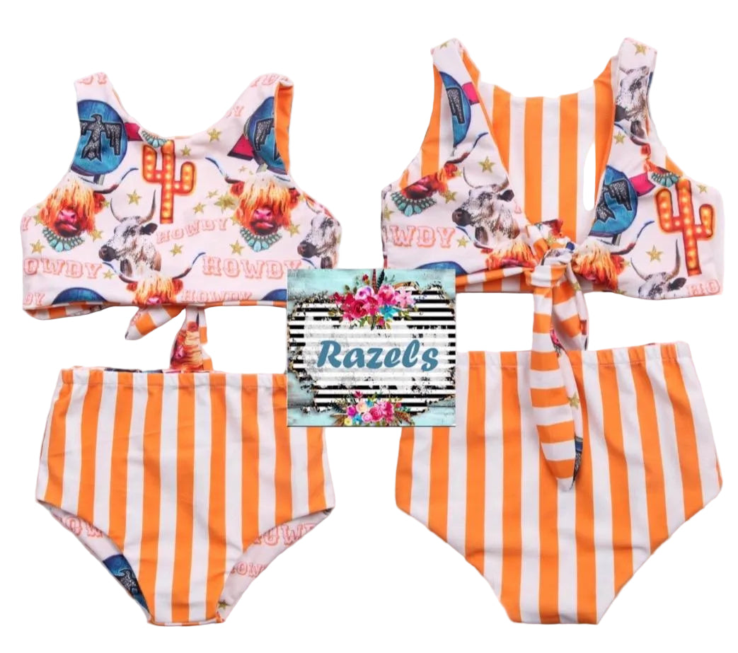 COW GIRL Swimsuit | Western Swimsuits | Striped Swimsuit | REVERSIBLE SWIMSUIT Highland Cow REVERSIBLE Swimsuit &Longhorn Cow Bikini This Western Reversible 2-piece Swimsuit is a must-have for summer fun! One side features the cutest cow-inspired fabric with Scottish Highland Cows, Longhorn Cows, Thunderbirds, and Neon Cactus Signs. Flip it over, and you've got bright yellow stripes for a whole new look! Reversible? Yes! Durable? Absolutely! Fun? 100%! Available in sizes 0/3 months to 7/8.