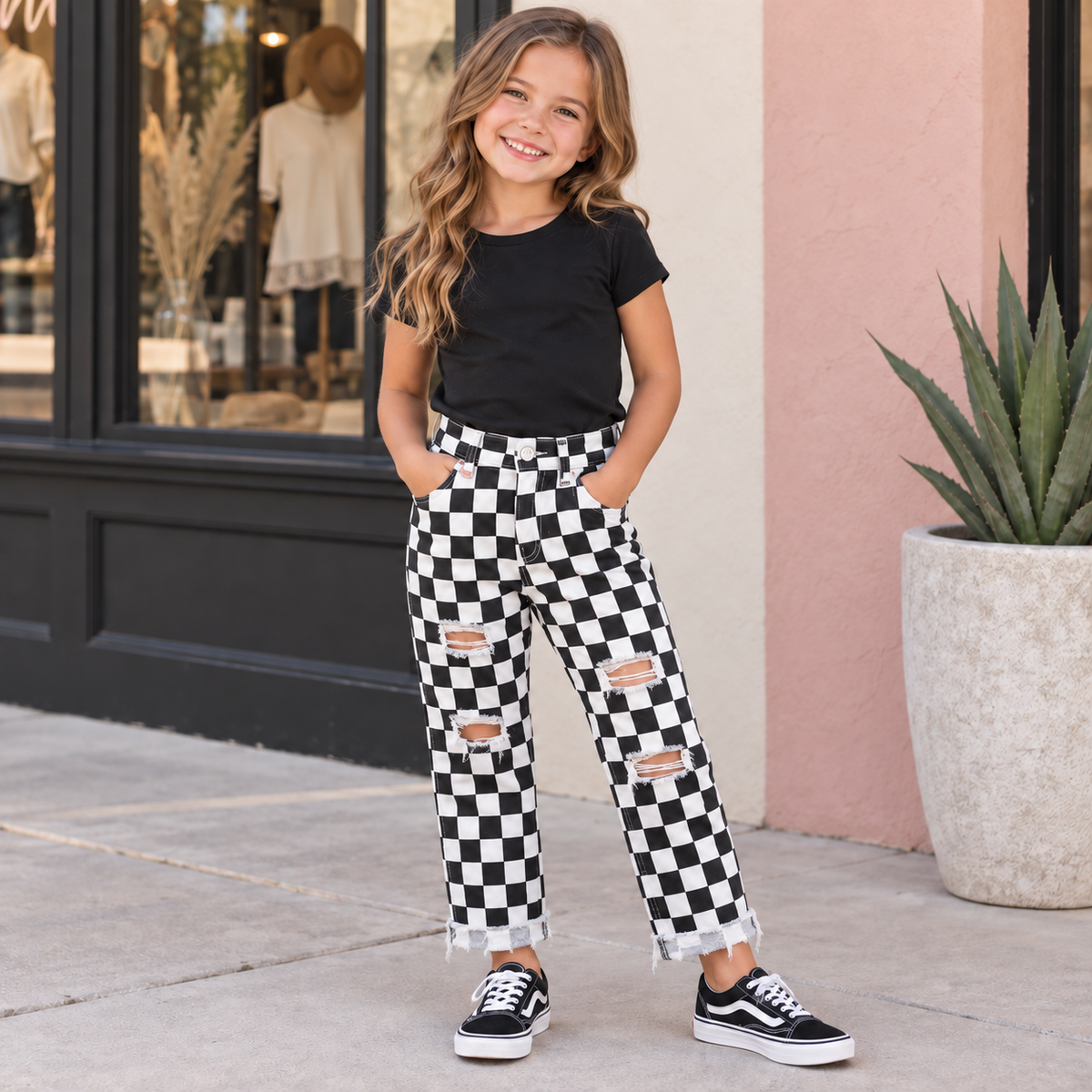 Girls Checkerboard Jeans, Distressed Straight Leg Pants, Mommy and Me Match