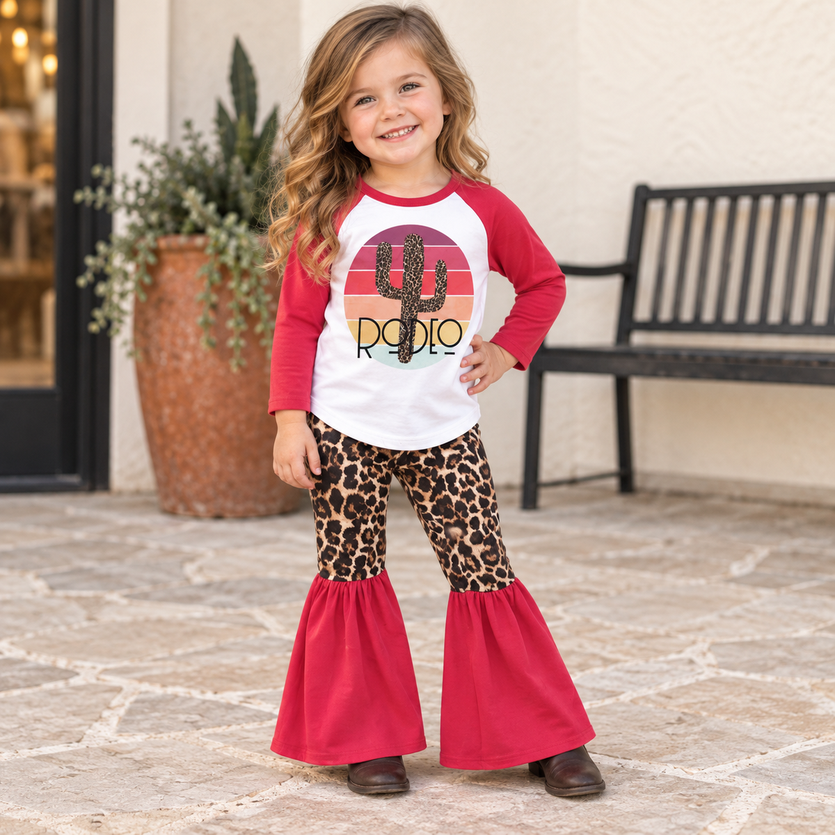 Girls Rodeo Outfit, Cactus Shirt, Leopard Bell Bottoms, Size 3T