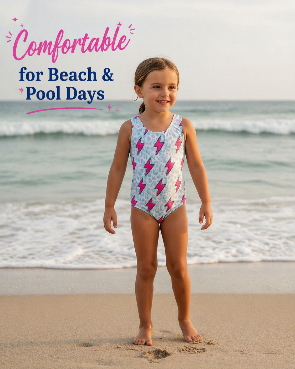 Girls Pink Lightning Bolt Swimsuit: Turquoise Cheetah Print Tie-Back