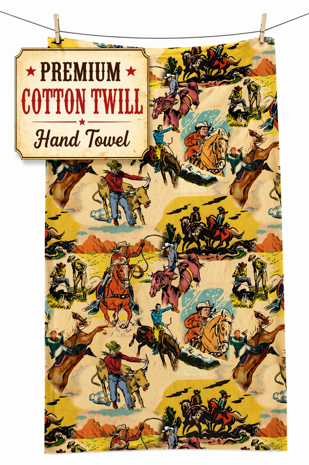 Retro Cowboy Hand Towel, Vintage Western Rodeo Print