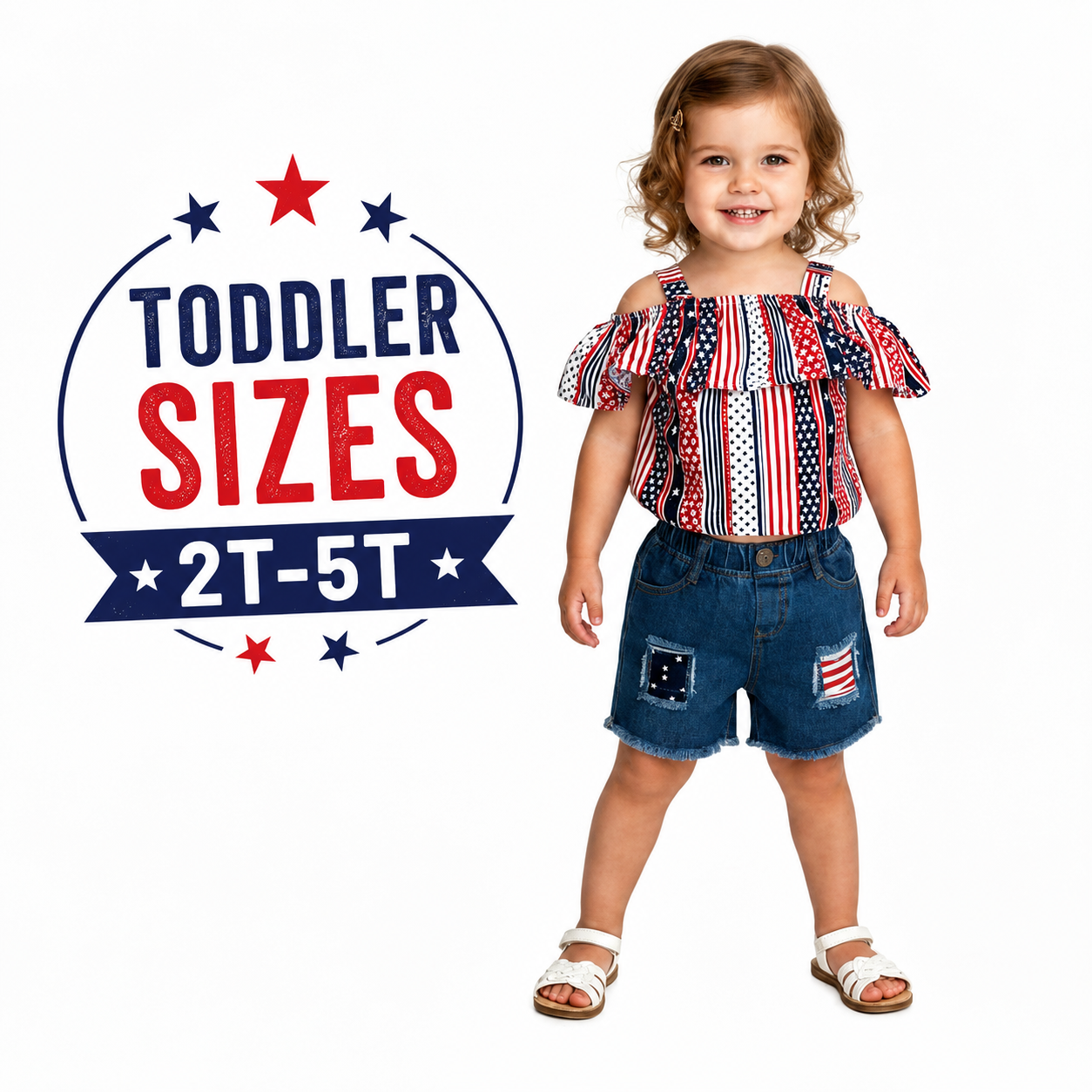 Toddler Patriotic Outfit, 4th of July Ruffle Top and Denim Shorts Set, Red White Blue Outfit