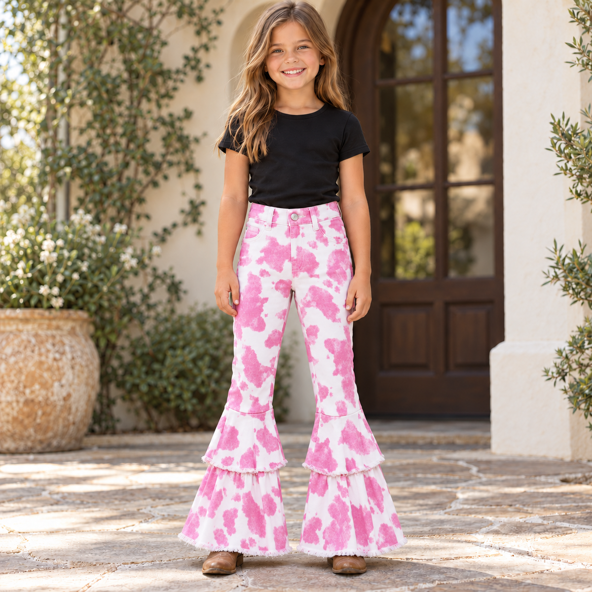 Girls Pink Cowprint Bell Bottom Jeans, Western Cowgirl Flare Pants, Toddler Girls Jeans