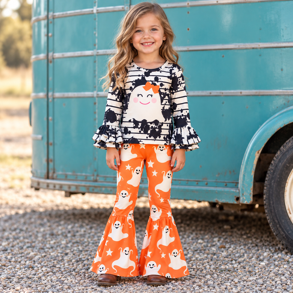 Girls Halloween Ghost Outfit, Orange Bell Bottom Set, Toddler Ghost Shirt and Pants