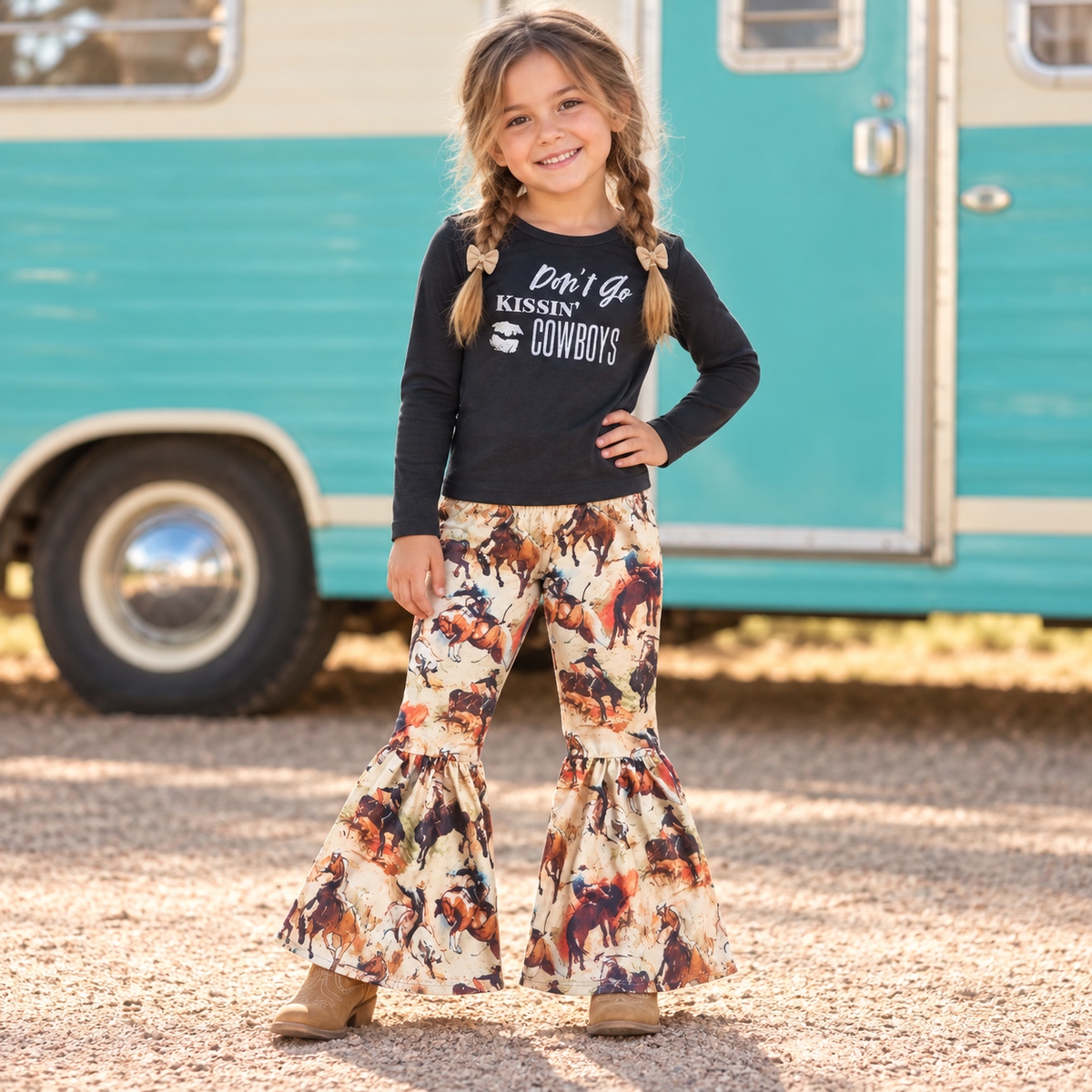 Girls Western Bell Bottom Set, Dont Go Kissing Cowboys Outfit