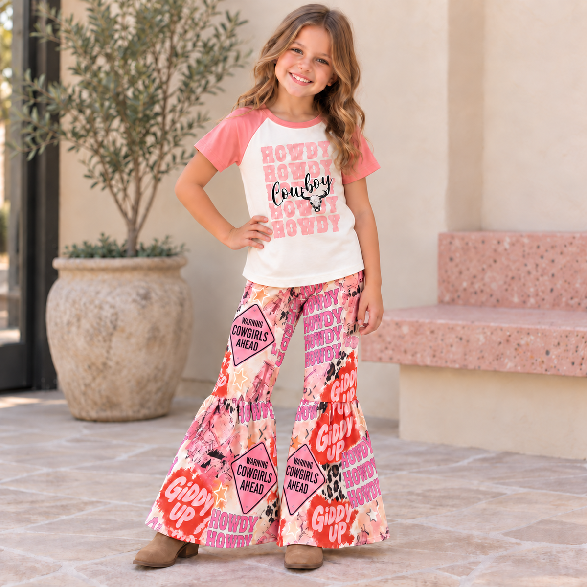 Girls Howdy Cowboy Outfit, Pink Western Bell Bottom Set, Cowgirl Clothes