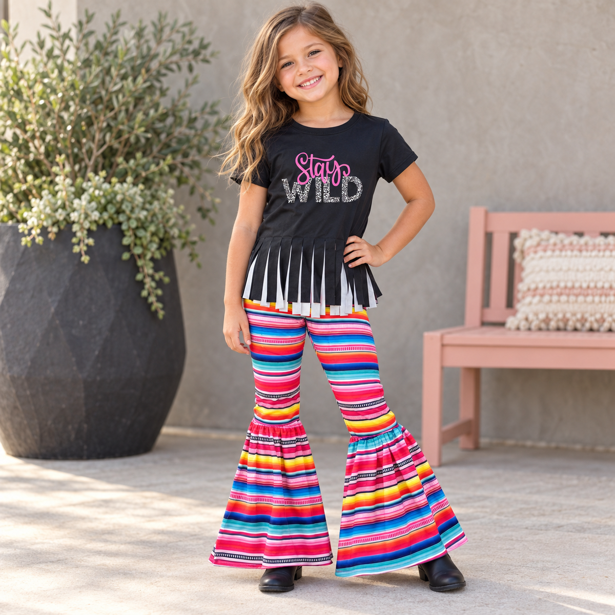 Stay Wild Girls Outfit, Serape Bell Bottoms, Black Fringe Shirt