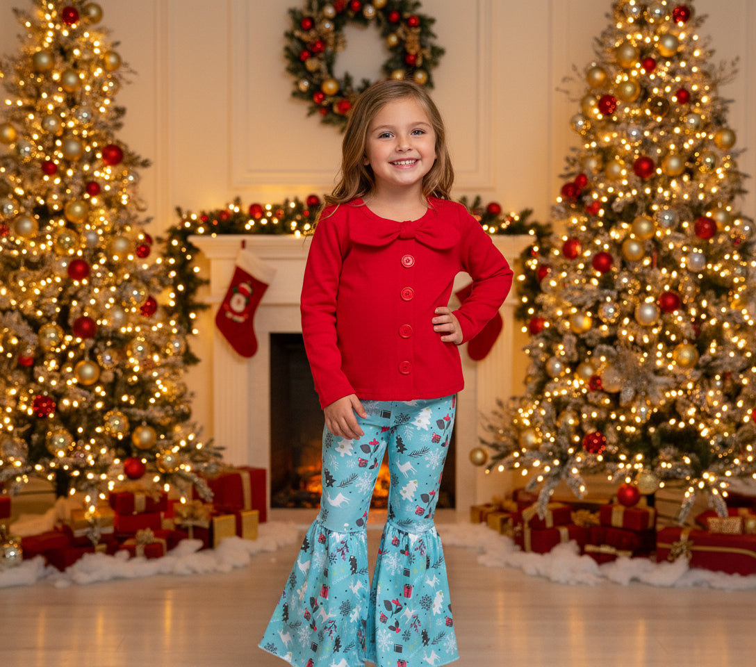 Christmas Boutique Bell Bottom Outfit / BOHO Reindeer Flare Pants, Christmas Red Bow Top -Razels