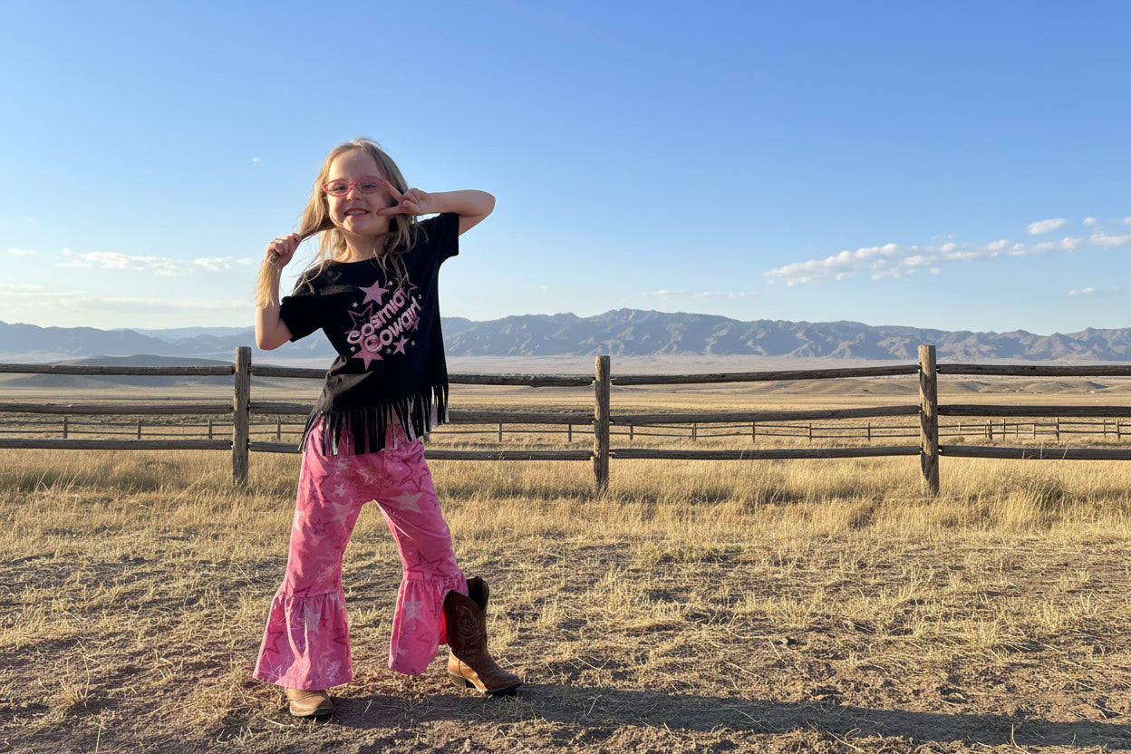 Cosmic Cowgirl Bell Bottom Outfit, Pink Star Bell Bottoms -Razels