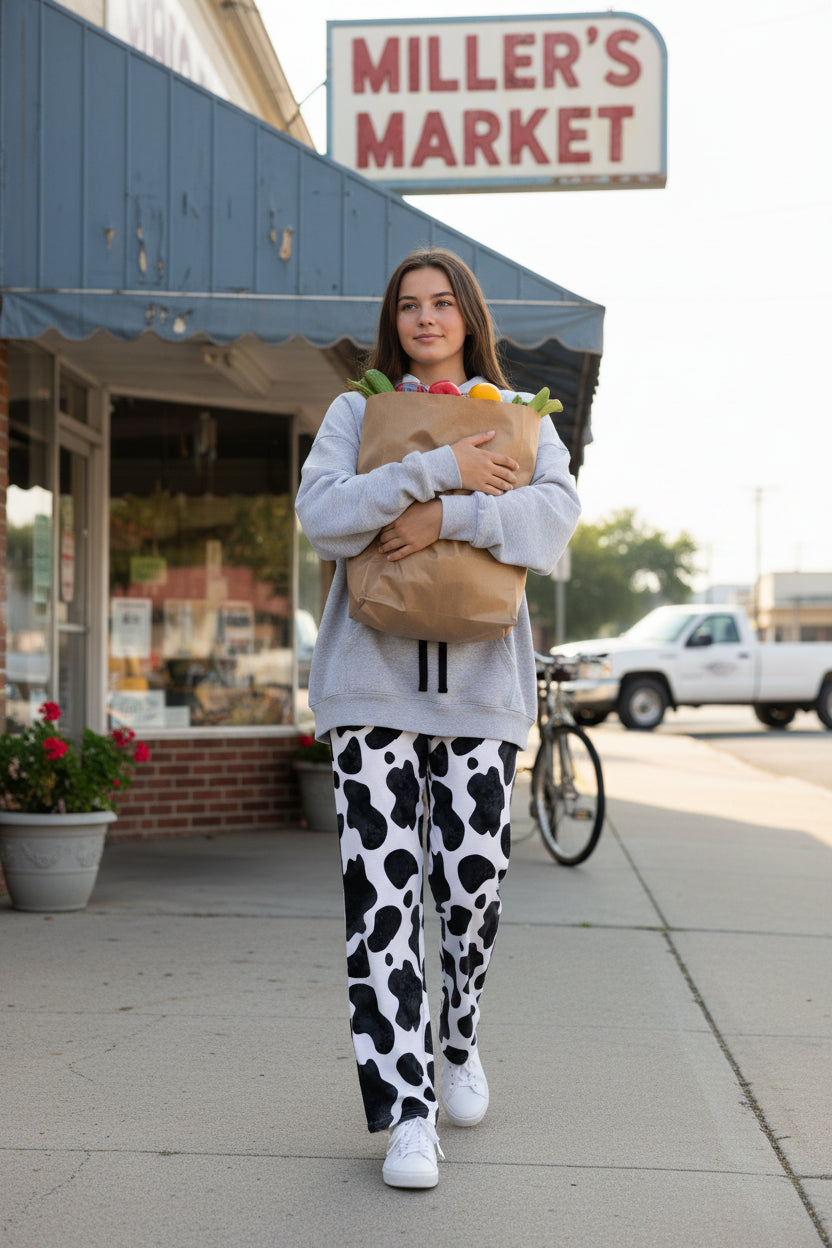 teen wearing black and white Cow Print Pajama Pants:while running errands