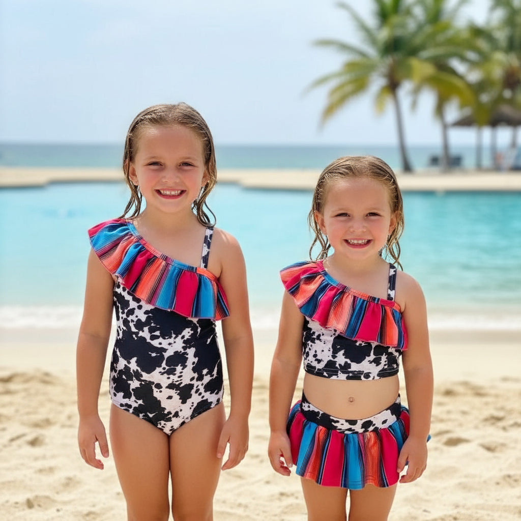 Cow Print Swimsuit Matching Western Swimwear – Cowboy & Cowgirl Serape Swim Trunks, Girls 1-Piece & Tankini