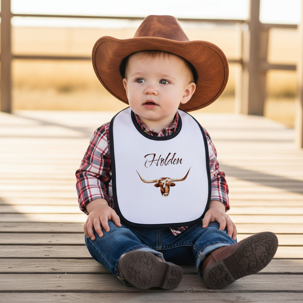 Personalized Longhorn Baby Bib: Soft Cotton Cowboy Bib with Custom Name