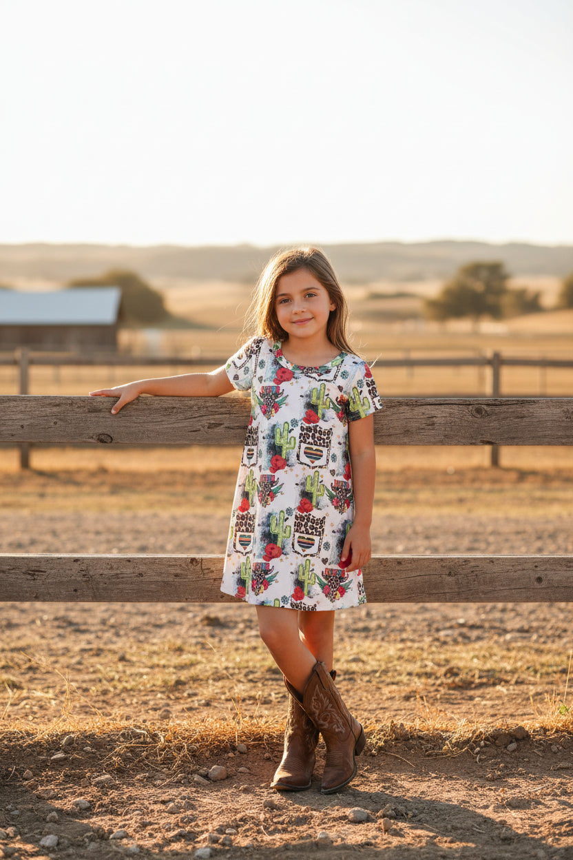Cowgirl Dress for Kids Toddler & Baby - Rodeo T-Shirt Dress with Cheetah Skull, Cactus and Back Number Design -Razels