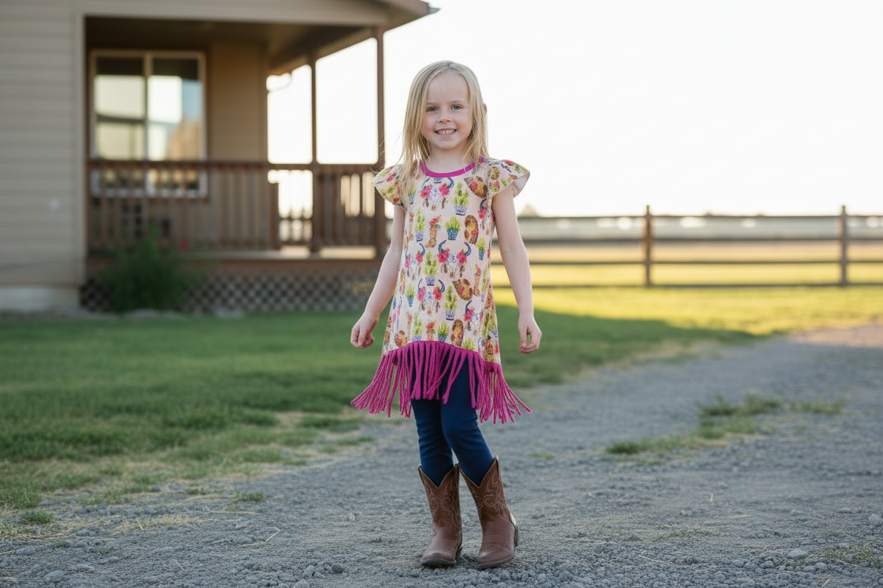 Girls Cowgirl Fringe Dress | Western Tunic Dress with Pink Fringe