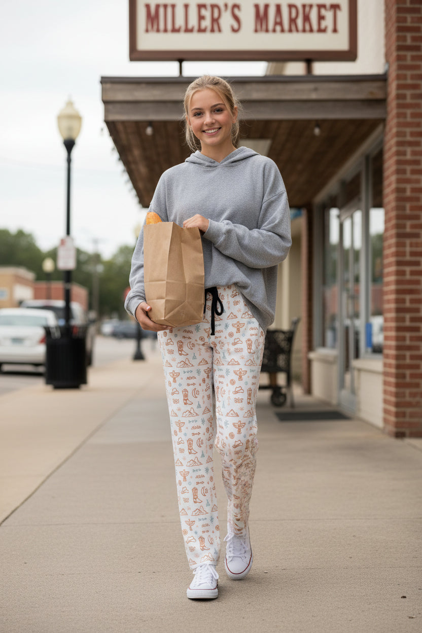 teen wearing Cowgirl Pajama Pants: Western Print Jersey Knit PJs -Razels