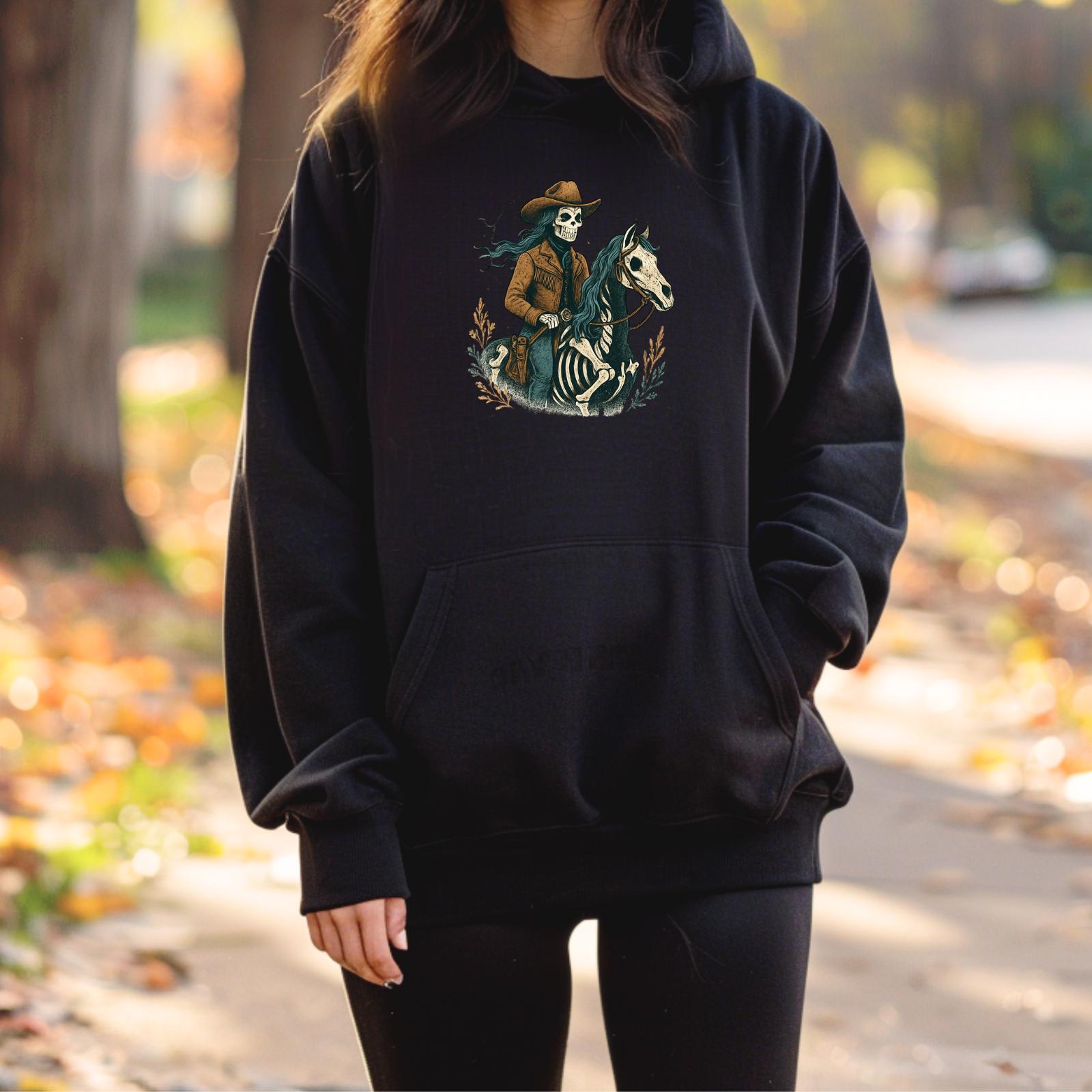 Cowgirl Skeleton Hoodie, Western Halloween Sweatshirt, Spooky Cowgirl Riding Horse -Razels