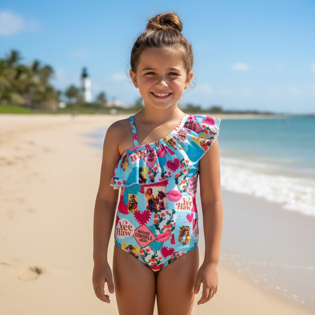 Yeehaw, Cowgirl Cutie! 🤠💗 This fun and fabulous Western Ruffled Swimsuit is perfect for little cowgirls who love adventure! Featuring a darling print of cowgirls riding horses, hearts, and cacti, this one-piece swimsuit is as cute as it gets. ✨ Why You’ll Love It: ✔️ Available in sizes 0-3 months to 8/9 – perfect for babies, toddlers, and big sisters! ✔️ Double-layered front for comfort and durability. ✔️ High-quality swimsuit material that’s made to last. 📦 FREE U.S. shipping on orders $35+