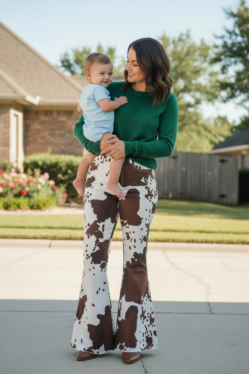 Woman wearing a green top and brown and white patterned flared pants standing on a sidewalk.