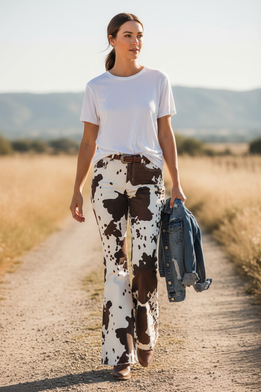 Cowprint Bell Bottom Jeans for Women | Western Flare Denim Pants