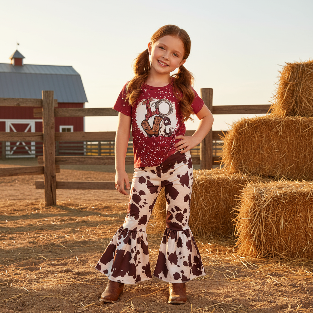 GIRL IN BARNYARD WEARING RAZELS Cowprint bell bottoms, Love Western tshirt