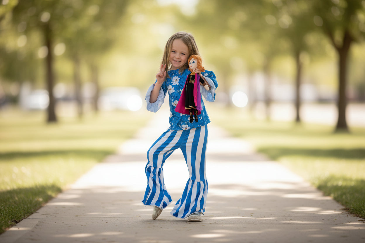 Get your little lady ready to shine this back-to-school season with our adorable Daisy Flower Blouse paired perfectly with blue and white striped bell bottom pants!
The blouse features a sweet daisy print with playful ruffled wrists that add just the right touch of charm. The bell bottoms bring a retro twist with their bold stripes and comfy stretch fabric that moves with her every step. FREE SHIPPING $35+