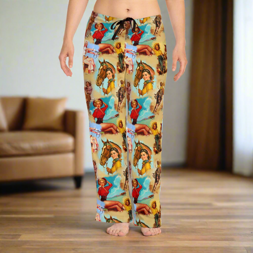 Vintage Cowgirl Womens Pajama Pants, Retro Cowgirl Montage