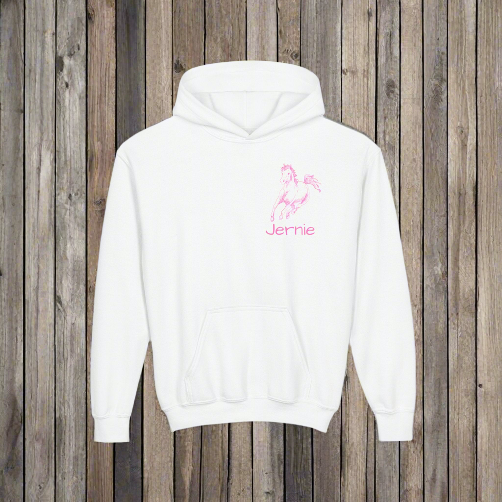 Custom Girls Horse Hoodie, Personalized Youth Sweatshirt, Pink Horse Gift, Equestrian Kids Pullover, Cowgirl Hoodie, Name Added