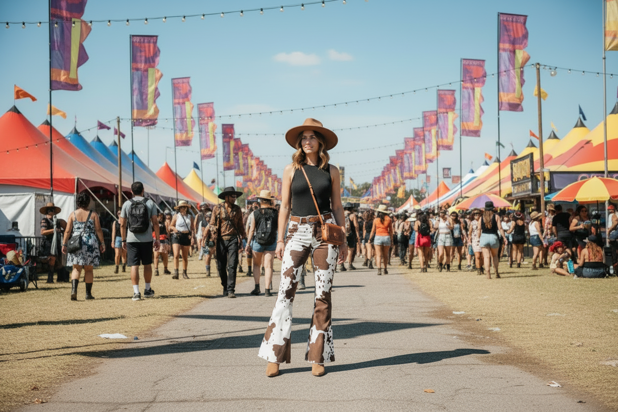 Woman wearing a black top, and cow print pants with a brown hat and bag STANDING AT FESTIVAL ENTRANCE