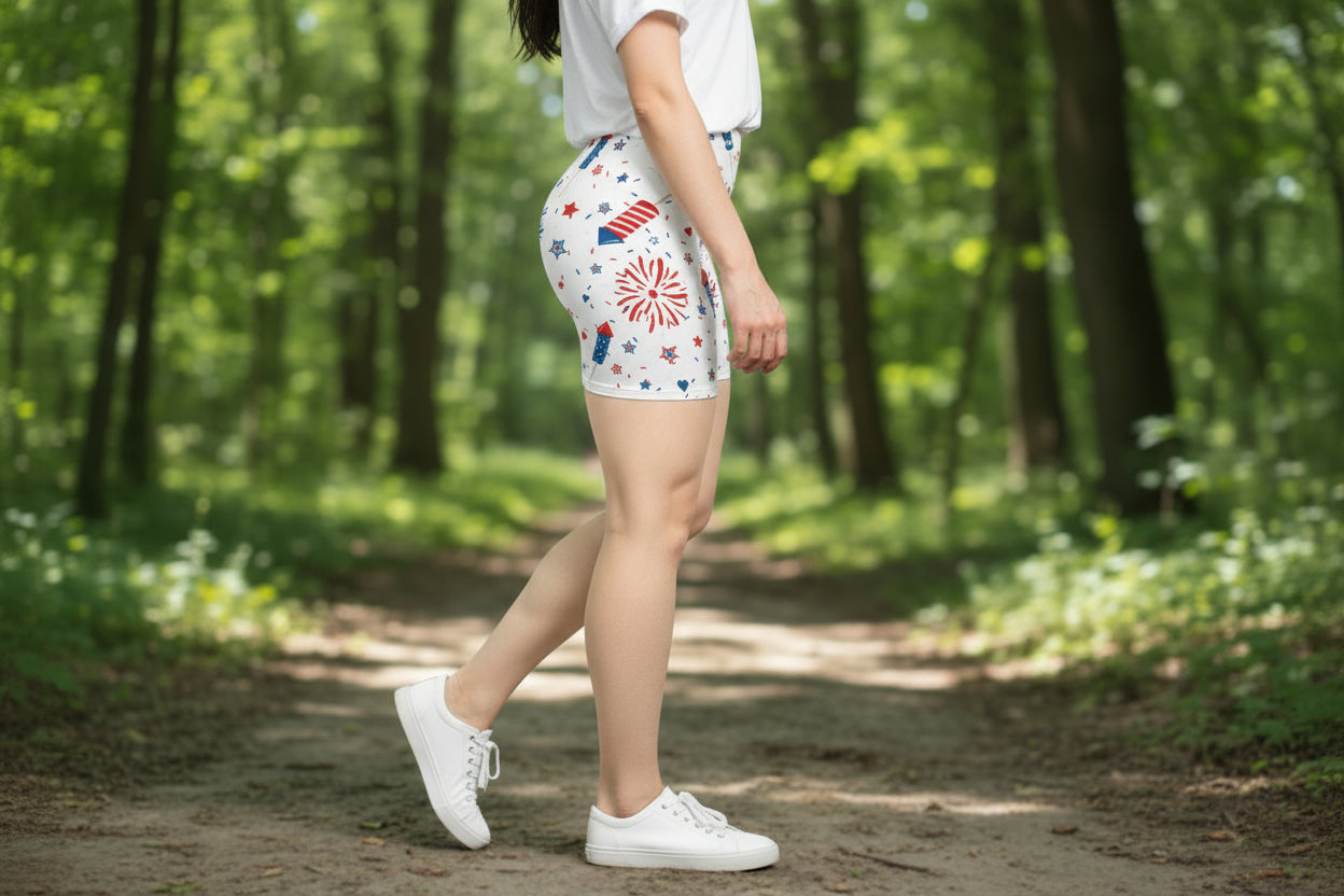 WOMAN OUT WALKINTG WEARING RAZELS FIREWORK BOOTY SHORTS