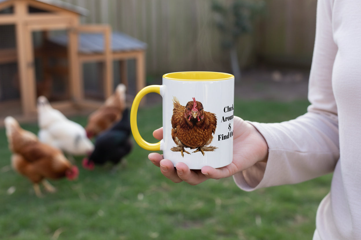 WOMAN HOLDING MUG IN BACKYARD WITH HER CHICKENS Mug with a chicken illustration and FUNNY CHICKEN LOVER MUG, CLUCK AROUND AND FINDOUT
