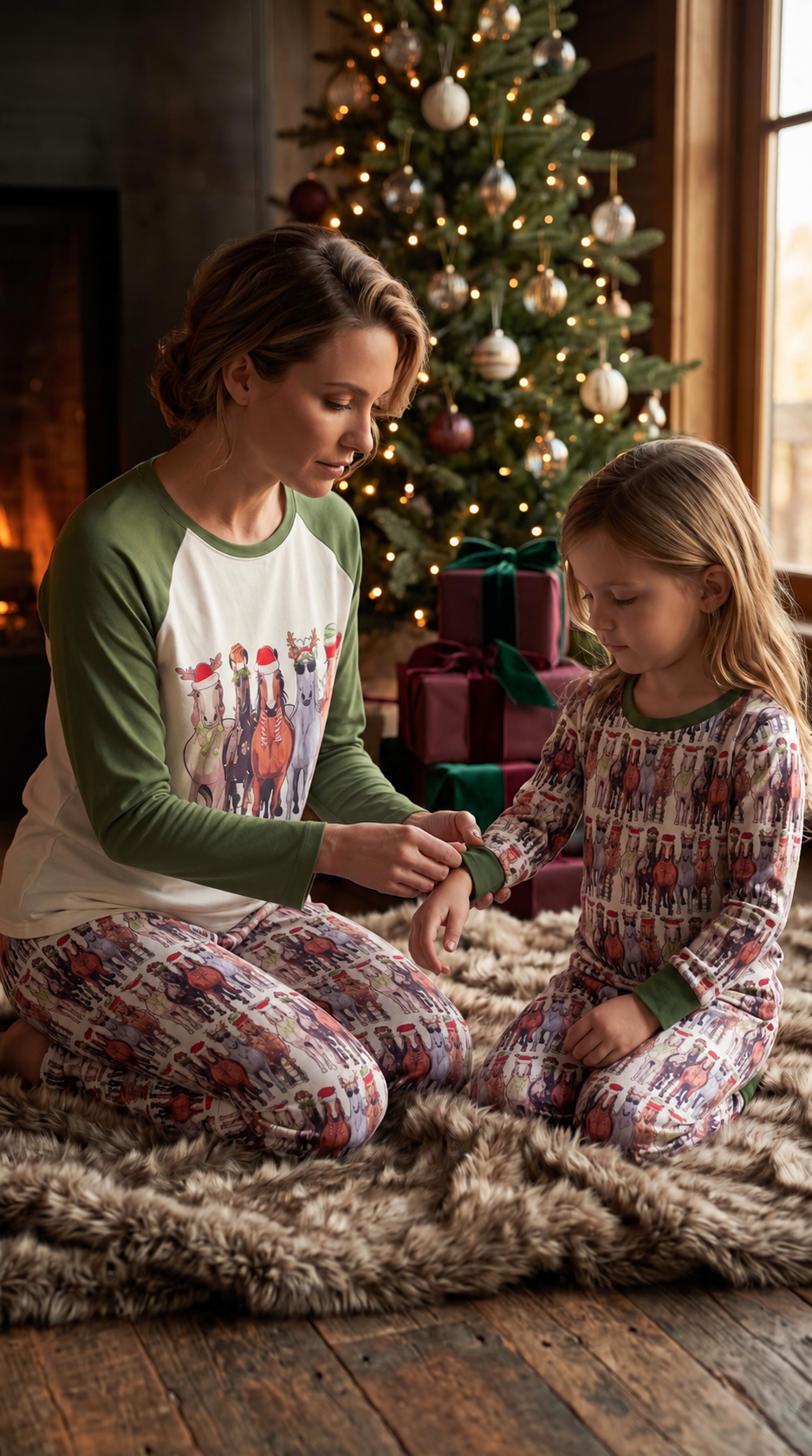woman helping daughter whileboth are wearing Razels Christmas horse pajamas in front of christmas tree