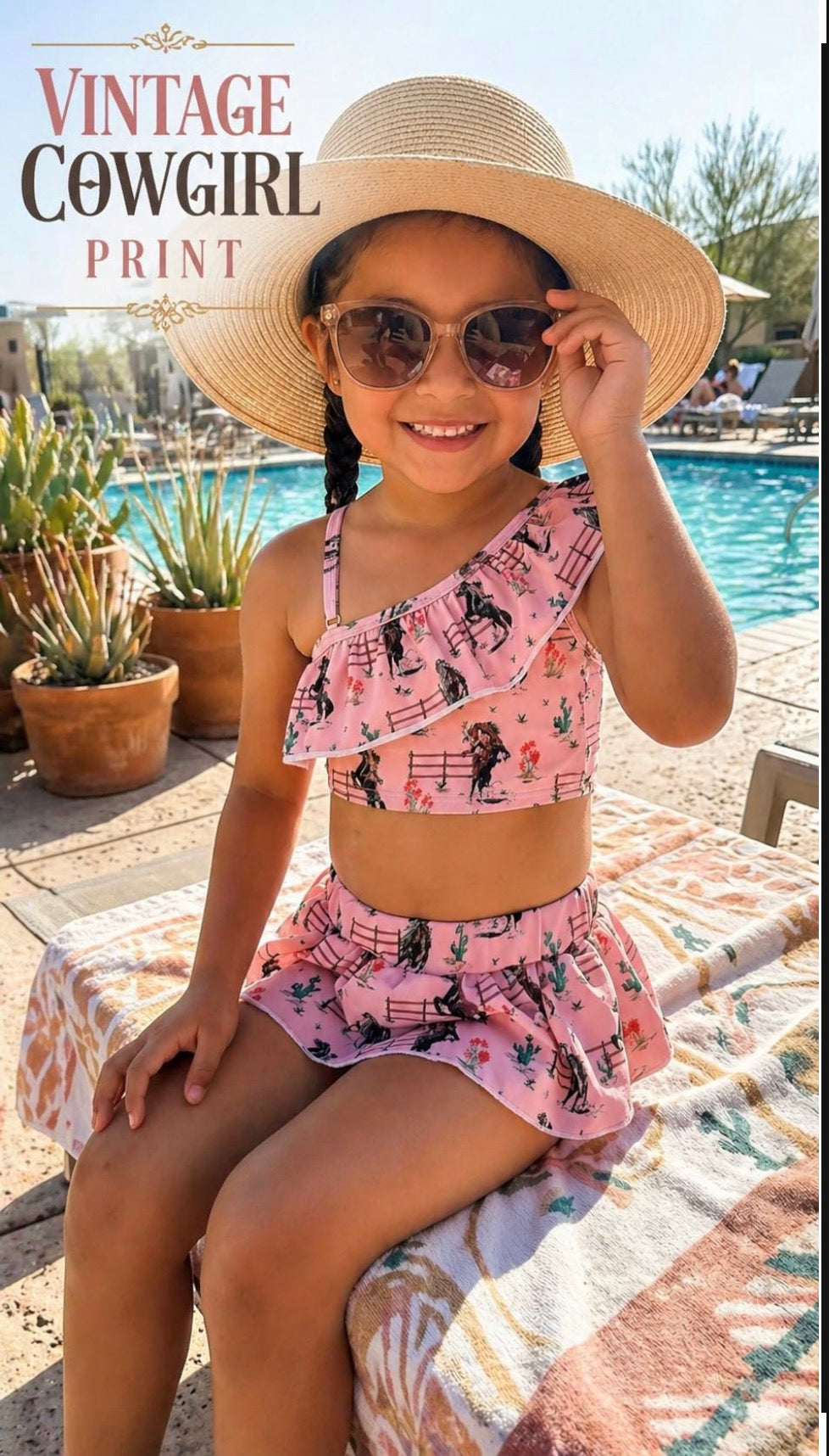 Girls Pink Western Skirted Swimsuit – Bronc Cowgirl Ruffle Tankini Set