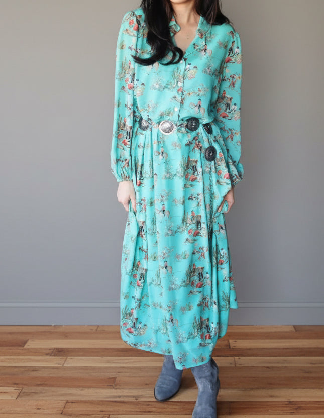Turquoise Western Maxi Dress | Long Sleeve Cowboy Print Dress