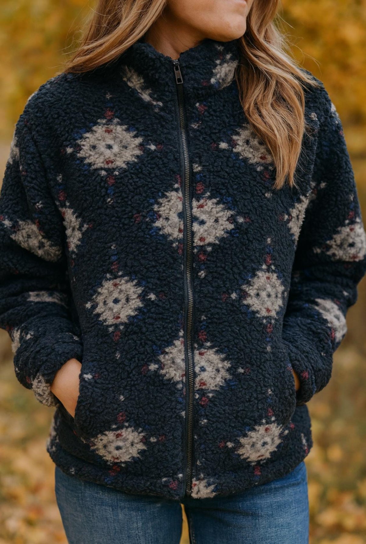 Black Aztec Sherpa Bomber Jacket: Cozy Western Fleece Zip-Up