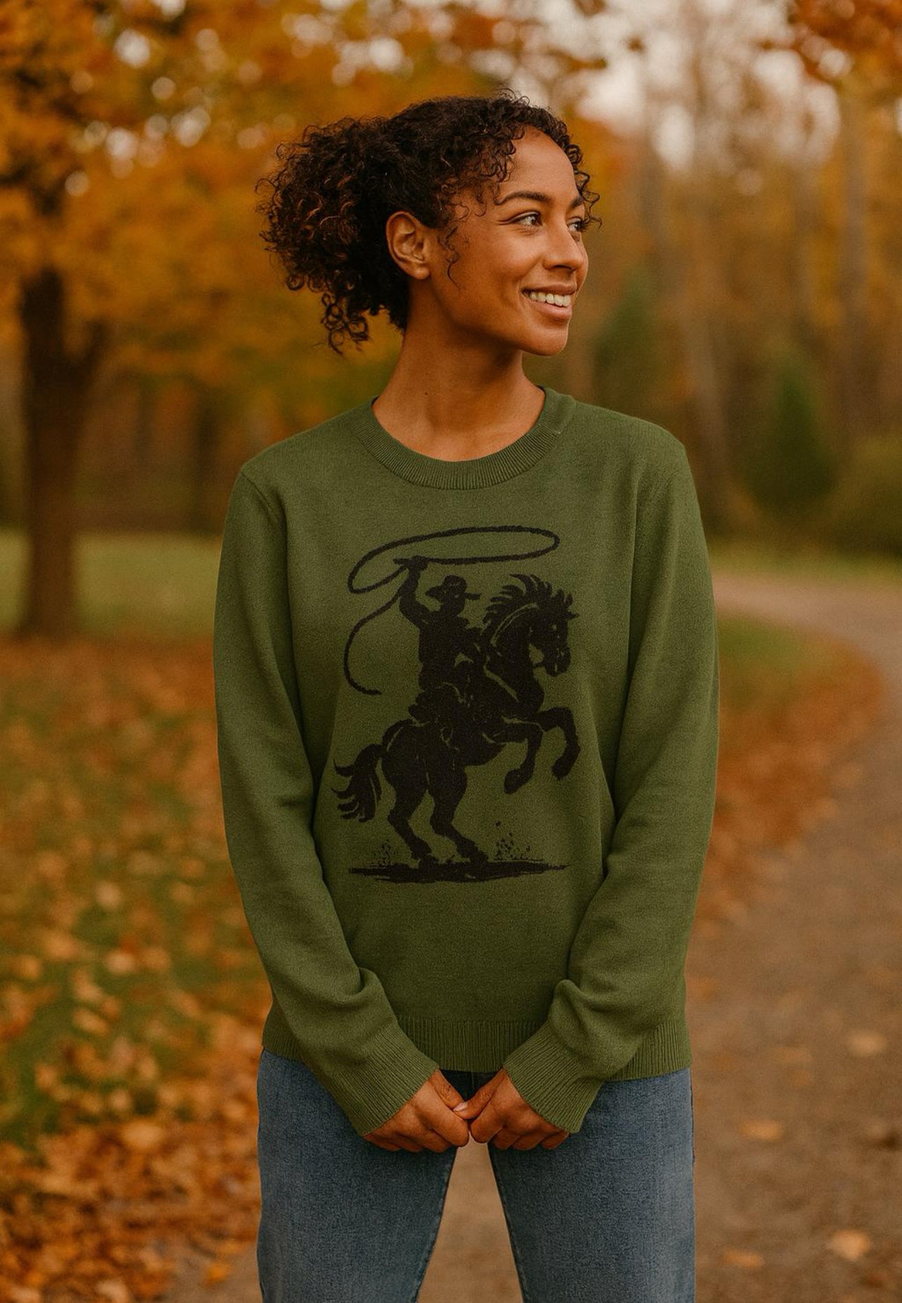 Cowboy Sweater – Olive Green Knit Pullover | Western Rope Rider Crewneck | Razels Exclusive