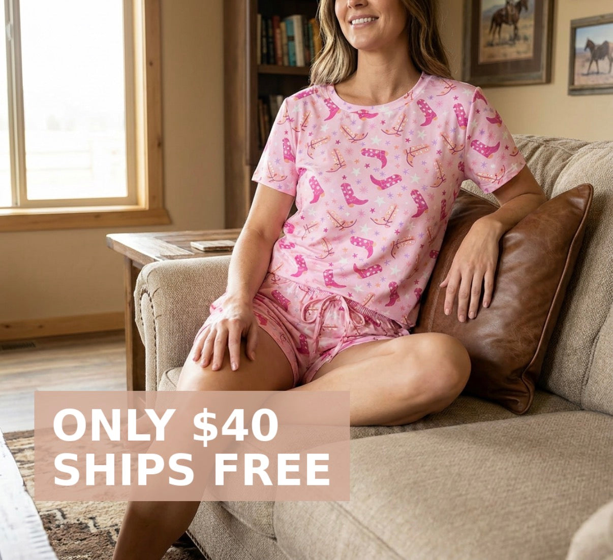 Pink Cowgirl Pajama Shorts Set, Western Boot Pajamas