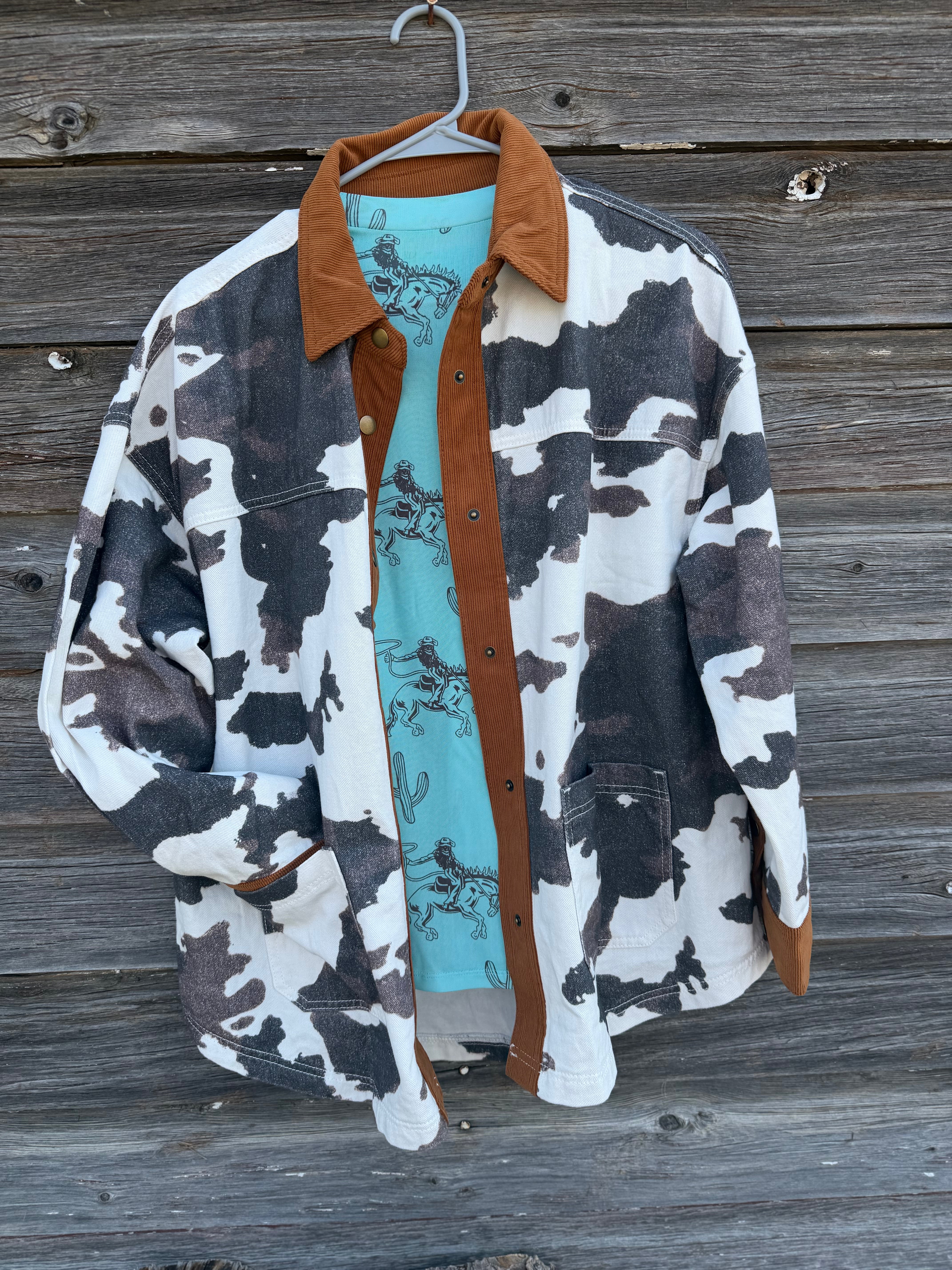Womens Cow Print Shacket, Corduroy Trim Western Shirt Jacket, Lightweight Cowgirl Layer