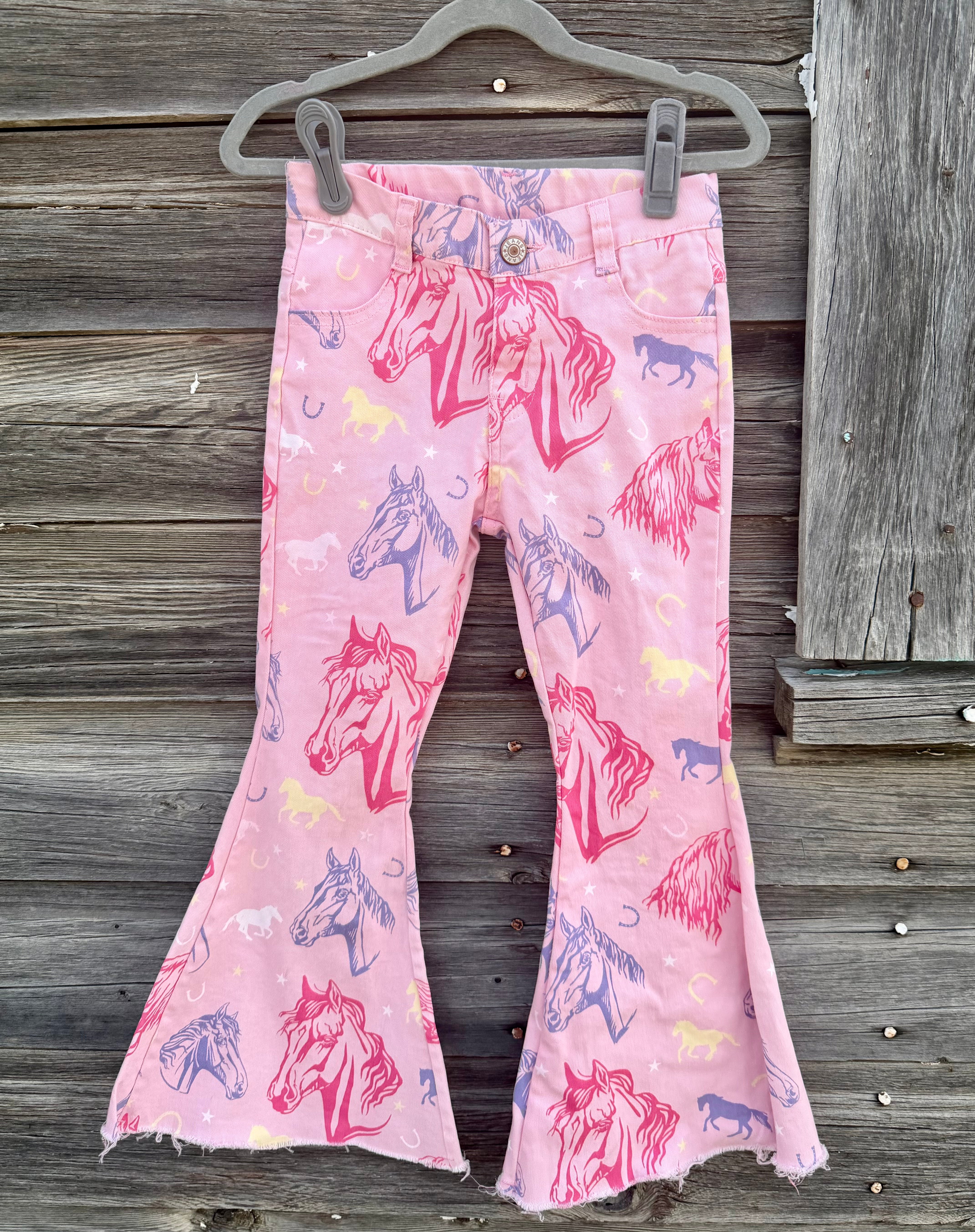 Girls Pink Horse Print Bell Bottom Jeans, Western Cowgirl Flare Pants, Toddler Girls