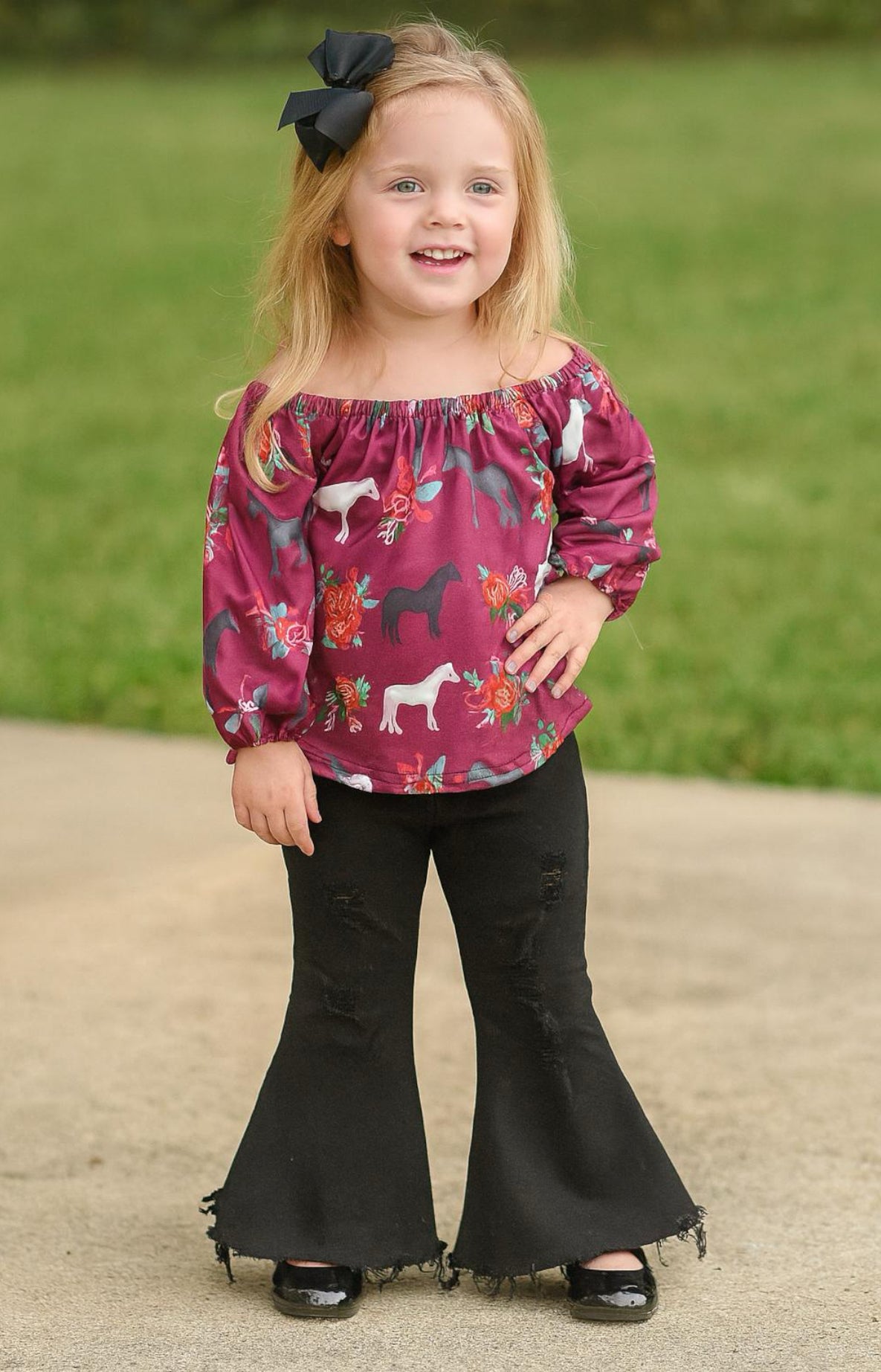 Girls Horse Outfit: Ruffled Blouse & Distressed Black Bell Bottom Jeans
