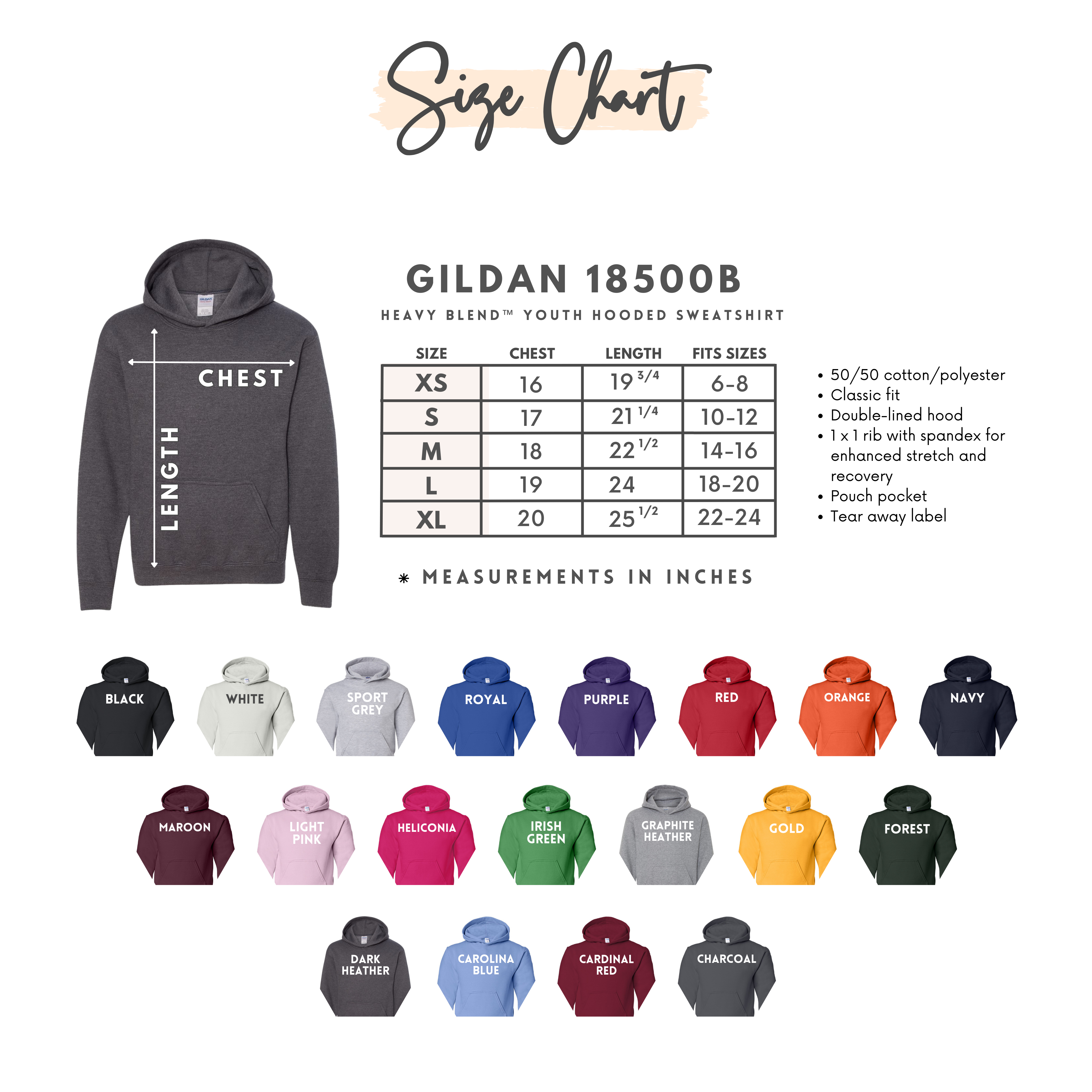 Size chart for Gildan 18500B youth hooded sweatshirt with color options displayed.
